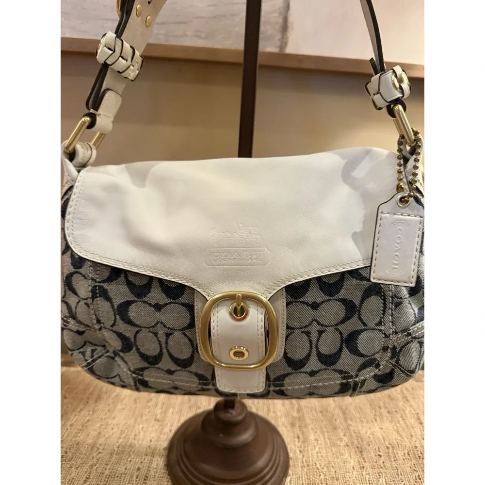 Vintage Coach Bleecker Denim Signature White Leather Trim Flap Bag Satchel 11772